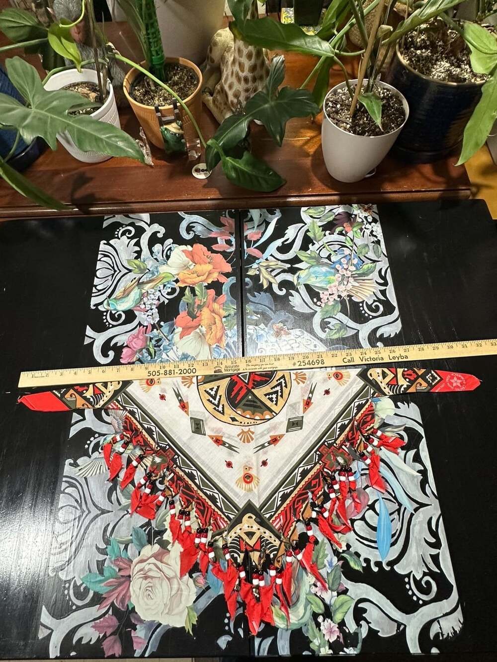 Vintage Handcrafted Southwestern Print Bandana Scarf with Beaded Fringe Trim(040